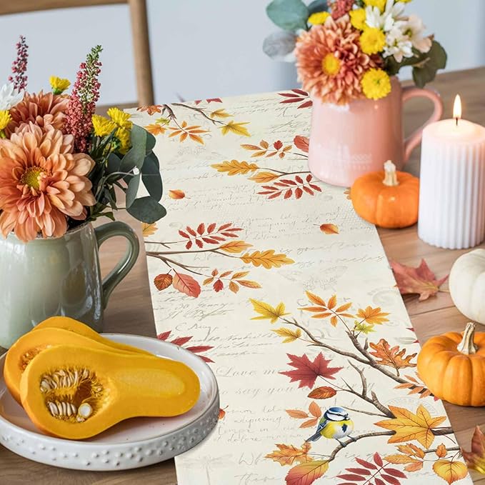 Thanksgiving Fall Cotton Linen Table Runner for Dining Kitchen, Blue Pumpkins Rustic Wedding Outdoor Party Autumn Tablerunners Decoration, Leaves Dresser Scarf Coffee Tablecloth Runners 13x120 Inches