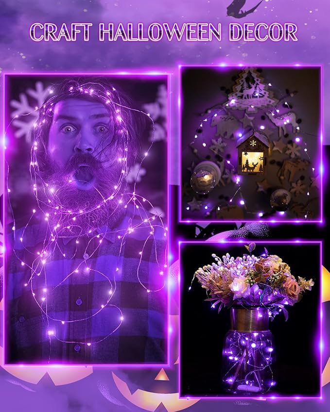 20 Pack Fairy Lights Battery Operated 60 Extra Batteries, 3 Modes 6.5ft 20 LED Mini String Lights, Waterproof Silver Wire Firefly Starry Lights for DIY Wedding Christmas Party, Purple