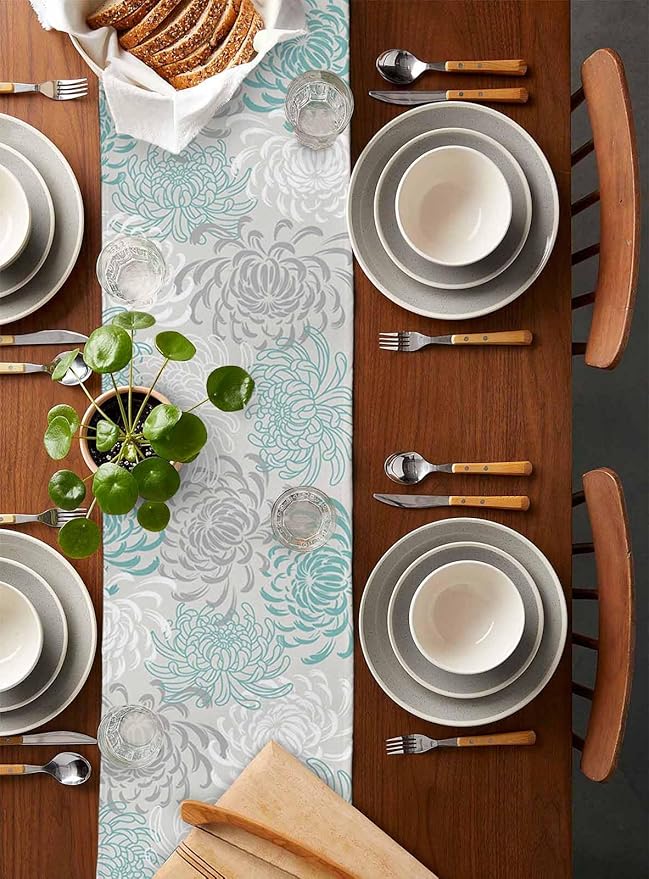 Auqa Chrysanthemum Cotton Linen Table Runner for Dining Kitchen, Wedding Outdoor Party Tablerunners Decoration, Farmhouse Floral Botanical Leaves Dresser Scarf Coffee Tablecloth Runners 13x90 Inches