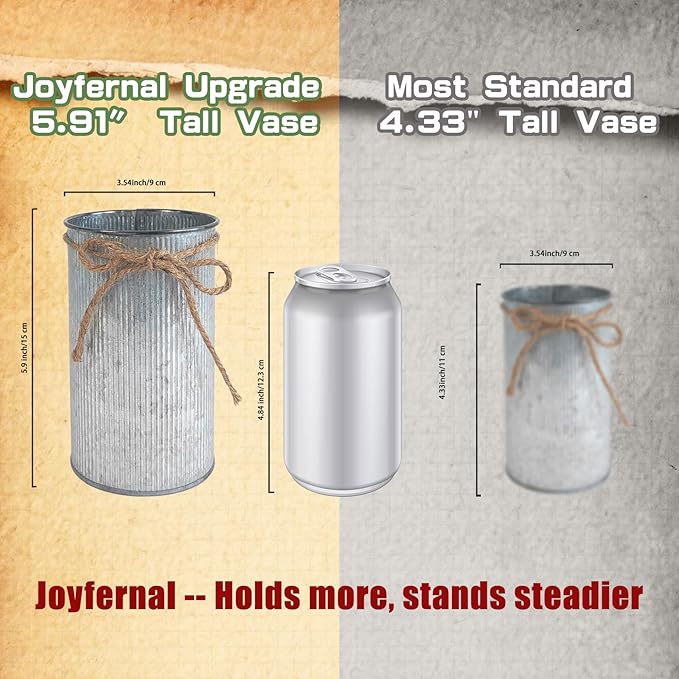 6" High Vase Centerpiece for Table, Rustic Farmhouse Mason Jars with Twine Bow, Vintage Galvanized Metal Flower Container for Wedding Home Decor (Silver, 2Pcs)
