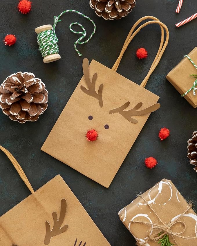 qiqee 100-Packs Brown Paper Gift Bags with Handles Bulk 4.5"×2.5"×6" Mini Size Gift Bags Multiple Uses