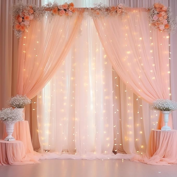 30×10ft Peach Tulle Backdrop Curtain with Lights String for Parties, Sheer Curtain Backdrop Drapes for Wedding Party Home Decorations
