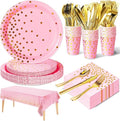 141 Pieces Pink and Gold Party Supplies, Party Dinnerware Sets Include Paper Plates Napkins Cups Silverware, for Wedding Bridal Shower Engagement Birthday Parties Decoration -20 Serves