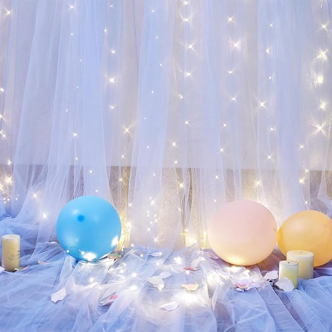 Baby Blue Sheer Tulle Backdrop Curtains with Lights String for Parites Baby Shower Decorations for Boy Bridal Shower Birthday Party Photo Shoot Background Wall Decorations 10×8ft(2 Panels 5×8ft)