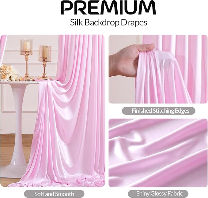 Pink Satin Backdrop Curtains 2 Panels - Glitter Photo Drapes for Baby Shower, 10x10FT Shimmer Back Drop Cloth, Wrinkle Free for Birthday Party Prom Wedding Photography Background