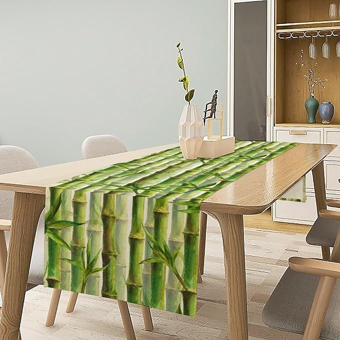 Bamboo Table Runner,Green Plant Print Table Runner for Kitchen Dining Table Home Party Decoration 13x120 Inch