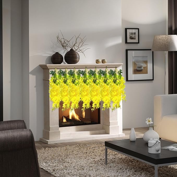 12 Pack Yellow Wisteria Hanging Flowers Garland with Lights, 3.44 Feet Artificial Flower Vines, Fake Wisteria, Artificial Vines Hanging Garland for Backdrop Outdoor Patio Garden Decor