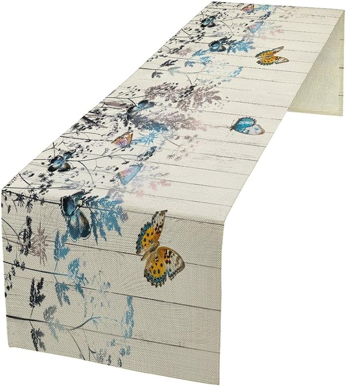 Nature Dandelion Table Runner,Rustic Floral Wood Plank Butterfly Girl Women Pattern Print Burlap Tablecloth for Hotel Indoors Outdoor Dining Room Kitchen Table Decor, 13x90in