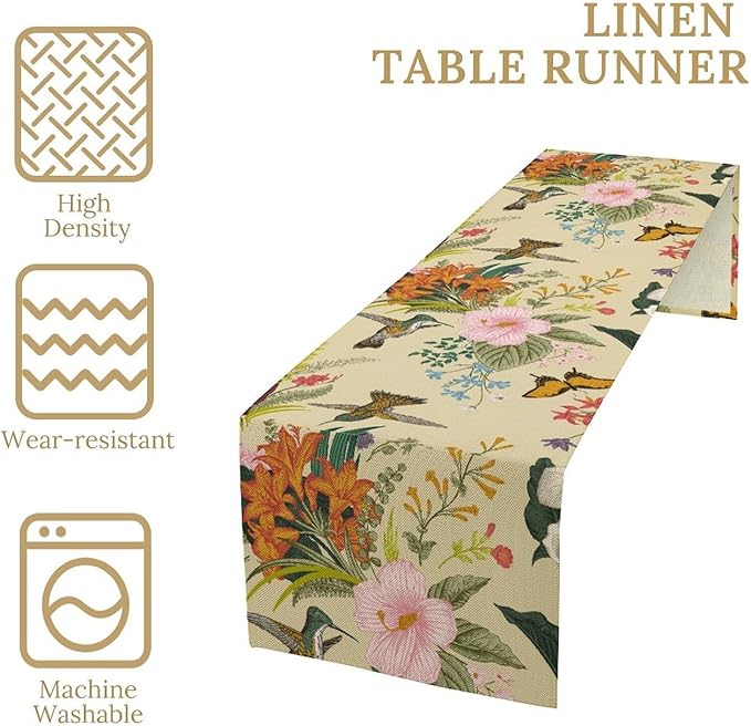 Brown Bird Floral Table Runner Spring Flower Kitchen Table Decoration Suitable for Family Dinner Decoration 13x36 Inch
