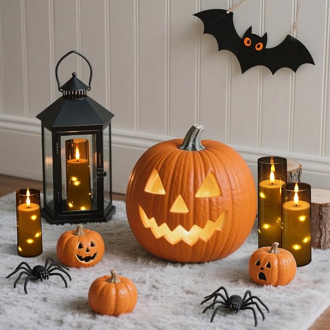 Raycare Flameless Candle with Remote Timer – 9 Flickering Acrylic Battery Operated LED Pillar Candles with Embedded Star String for Halloween, Fall Decor, Harvest Festival Gifts(Grey)