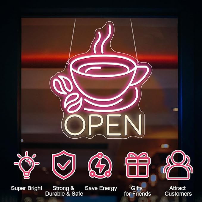 Coffee Cup Open Led Neon Sign For Business Wall Decor, Usb Powered Neon Coffee Signs For Coffee Bar Wall Decor Art Aesthetic Bistro Cafe Restaurant Kitchen Shop Window Welcome Sign