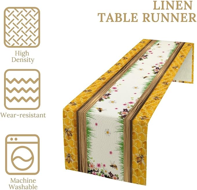 Watercolor Honeycomb Table Runner, Farmhouse Spring Summer Autumn Fall Floral Daisy Bee Print Kitchen Dining Table Decoration for Home Party Decor, 13x36inch