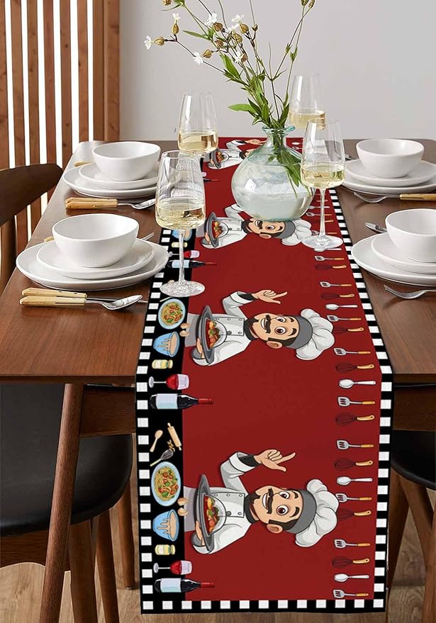 Red Chef Gourmet Cotton Linen Table Runner for Dining Kitchen, Wedding Outdoor Party Tablerunners Decoration, Black White Check Plaid Funny Kitchen Dresser Scarf Coffee Tablecloth Runners 13''x120''