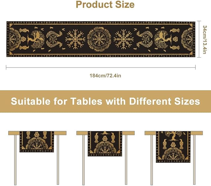 Viking Tree of Life Abstract Table Runner for Living Room Home Party Coffee Dining Party Wedding Golden Black Celtic Style Geometric Dragon Boat Rudder Ancient Script Table Runner 13x36 Inch
