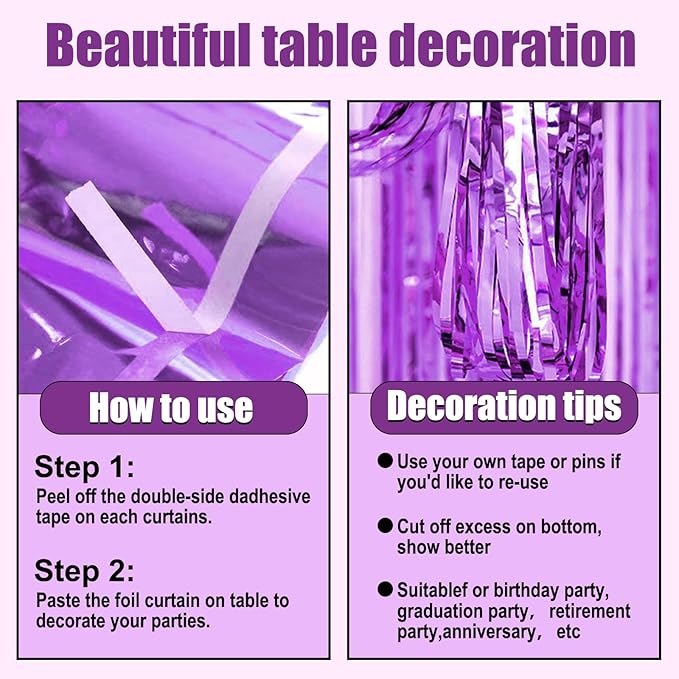 3 Pack 29 x108 Inch Light Purple Foil Fringe Table Skirts Metallic Banner for Tinsel Streamer Garland Backdrop for Parade Floats Wedding Thanksgiving Birthday Christmas New Year Party Decoration