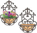 Sungmor 2 Pack Wall Hanging Planter Basket with Fabric Liner, Antique Victoria Style Cast Iron Wall Planter Holder, Outdoor Railing Fence Balcony Metal Hanging Basket Half Round Flower Pots