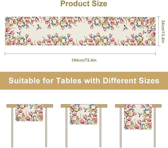 Flowers Table Runner,Floral Bird Butterfly Spring Table Cloth Kitchen Dining Table Home Party Decoration 13x72 Inch