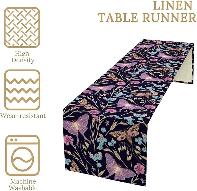 Moth Table Runner, Boho Aesthetic Moth Magic Table Runner for Home Kitchen Dining Party Indoor Outdoor Decoration 13x60 Inch