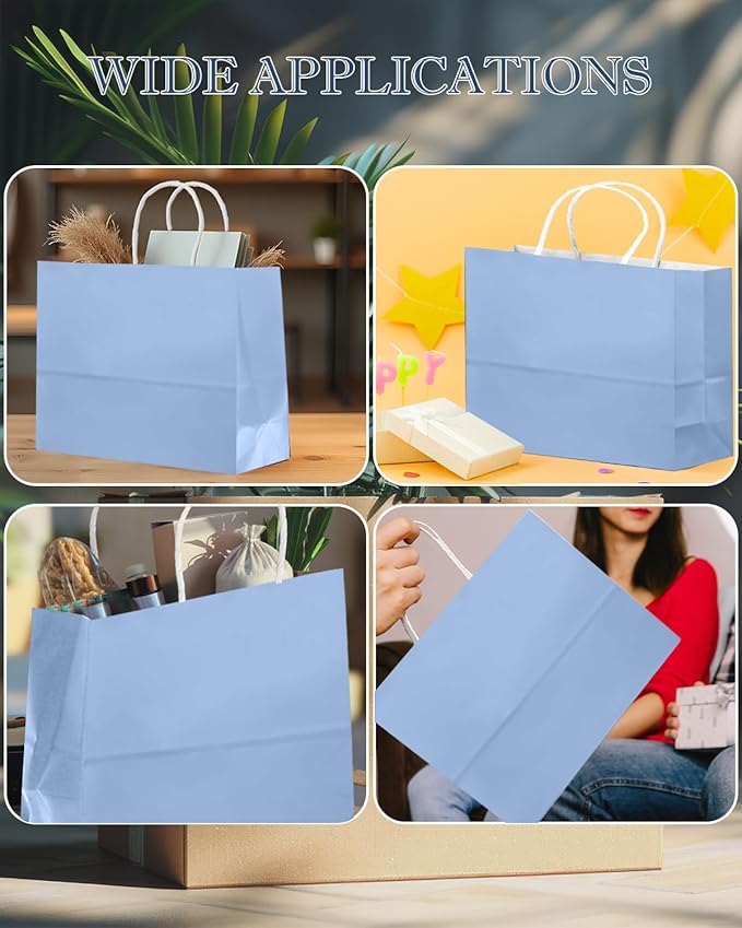 qiqee 100PCS Large Gift Bag with Handles Bulk 13"x4.5"x10" Gift Bags Light Blue Multiple Uses (32x11x25cm,Wide Large)