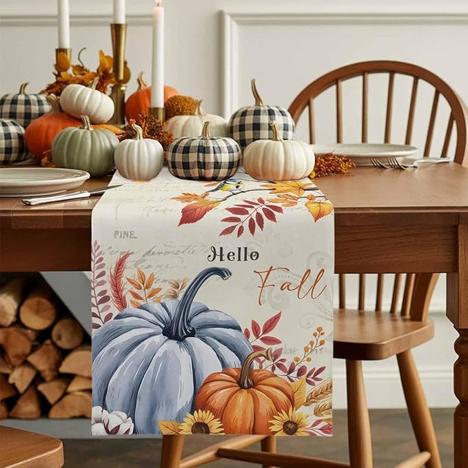 Thanksgiving Fall Cotton Linen Table Runner for Dining Kitchen, Blue Pumpkins Rustic Wedding Outdoor Party Autumn Tablerunners Decoration, Leaves Dresser Scarf Coffee Tablecloth Runners 13x48 Inches