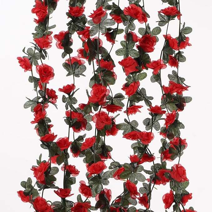 10 Pcs 82FT Flower Garland, Artificial Rose Garland Flowers Plants Fake Flower Hanging Rose Ivy, Birthday Party Valentine's Day Wedding Wall Arch Decor（Red）