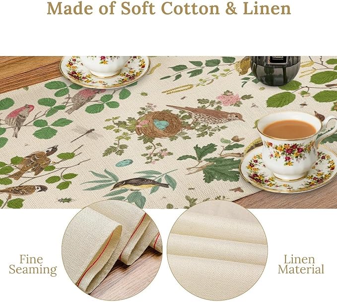 Vintage Bird Flower Table Runner Seasonal Spring Summer Garden Plants Farmhouse Country Kitchen Dining Table Decoration for Home Party Holiday 13"x70"
