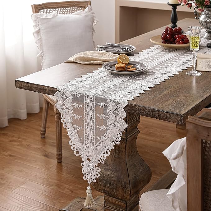 patdrea Designer Vintage White Lace Table Runner,Crochet Decorative Table Covers,Chiffon Embroidered Tasseled Table Runners, Cutwork Dresser Runners,Christmas Wedding Party Bridal 16x102 Inches Long