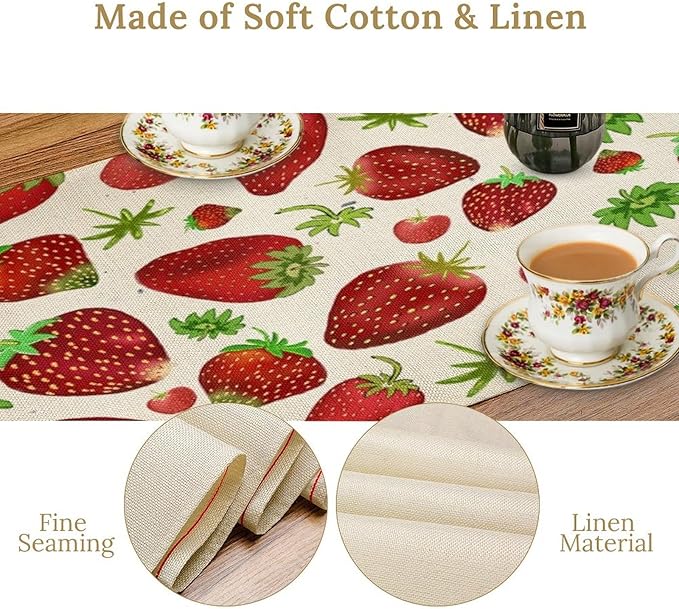 Strawberry Table Runner Spring Summer Fruit Wild Berry Forest Garden Dinner Runner for Girl Baby Shower Party Holiday Home Kitchen Dining Table Decor 13x60