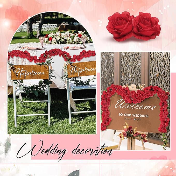 4 Pcs Red Artificial Rose Vine Hanging Faux Flowers Garland for Wedding Anniversary Birthday Party Background Arch Garden Home Wall Room Decor