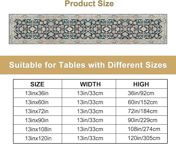 Vintage Boho Floral Table Runner, Rustic Country Farmhouse Blue Teal Red Bohemia Flower Pattern for Home Kitchen Table Decor Dining Coffee Room Party Decor 13x60in