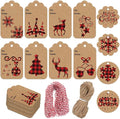 LOKIPA 120 Pieces Christmas Kraft Paper Gift Tags Hang Labels with Red and Black Plaid Snowflake Christmas Tree Elk Patterns and 230 Feet Twine Rope for Christmas