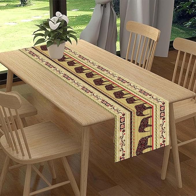 Boho Elephant Table Runner, Vintage Tribal Traditional Bohemian African Animals Ethnic Folk Table Center Decor for Home Kitchen Dining Patio Holiday Party Indoor Table Decorations, 13"x36" Inch