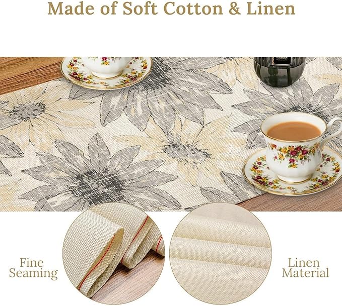 Chrysanthemum Vintage Floral Table Runner, Elegant Grunge Green Sunflower Spring Summer Elegant Pattern Artichokes Flower Table Runner for Party Kitchen Dining Living Room Decor, 13x120 Inch