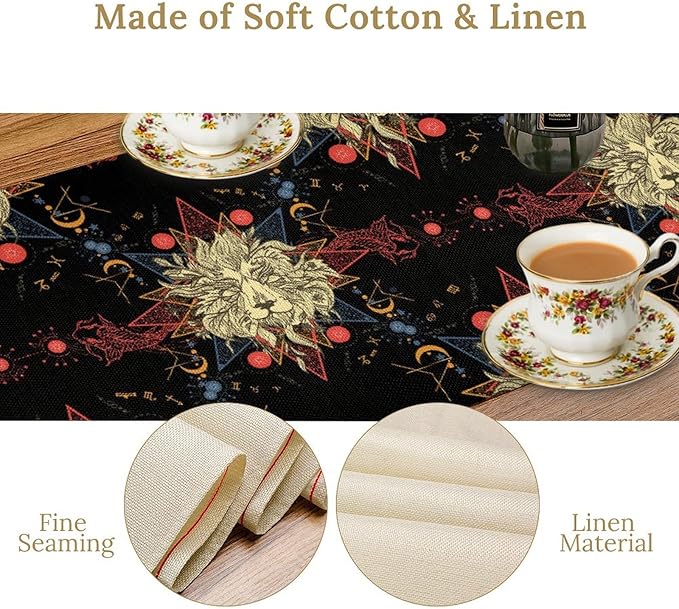Boho Moon Lion Table Runner, Chinese Fish Phase of The Moon Sun Moon Table Runner for Kitchen Dining Table Home Party,13x70 Inch Black Red