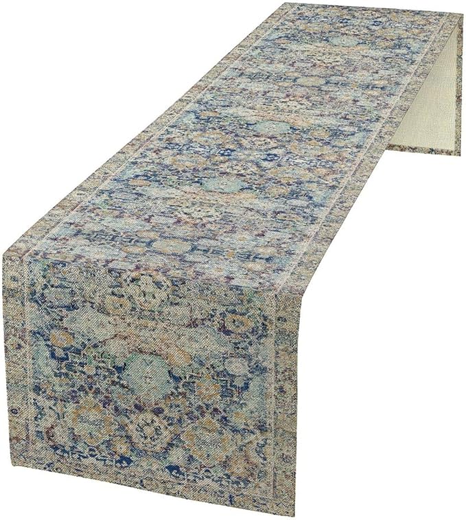 Vintage Boho Floral Table Runner, Rustic Country Farmhouse Blue Yellow Retro Flower Pattern for Home Kitchen Table Decor Dining Coffee Room Party Decor 13x60in