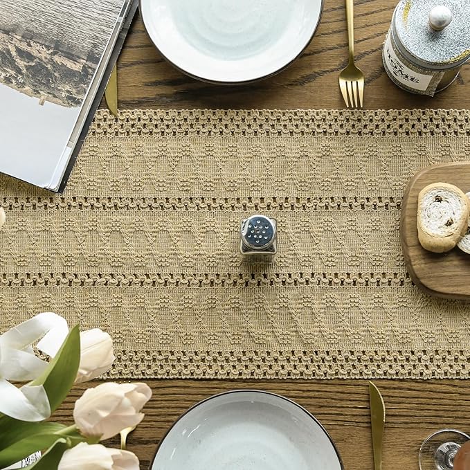 Artoid Mode Burlap Brown Farmhouse Woven Rustic Hollow Table Runner, Seasonal Holiday Hollow Kitchen Dining Table Decoration for Home Party Decor 12x60 Inch