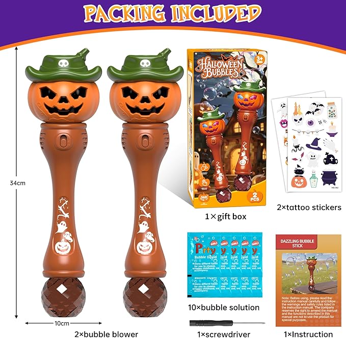 Halloween Bubble Machine Wand for Kids, Light up & Music Pumpkin Bubble Wand-2 Temporary Tattoos and 5 Bubble Solution, Halloween Boo Basket Stuffers for Toddlers Boys & Girls 3 4 5 6 7 8 + Years Old