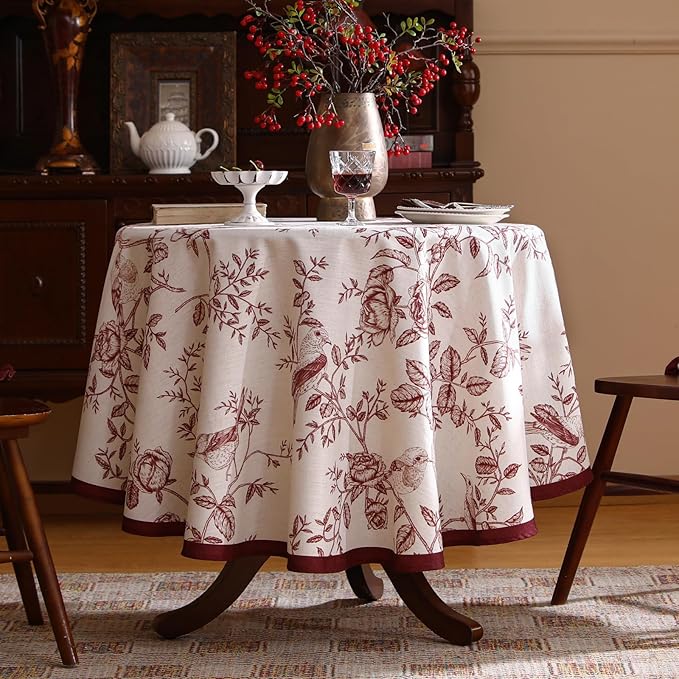 ISAENNE Designer Vintage Linen Small Round Tablecloth,Red Floral Pattern Linen Stain Resistant Table Cloth,Decor Tablecloths for Dining Thanksgiving Kitchen Tea Party,Diameter 55"-Harmony