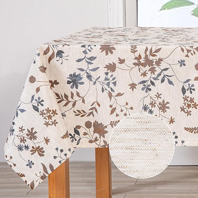 MYSKY HOME Rustic Tablecloth Classic Brown Leaves Printed Linen Fabric Table Cover Waterproof Fabric Tablecloth Farmhouse Decoration 60x84 Inches Rectangle/Oblong for Kitchen Dining and Outdoor Use