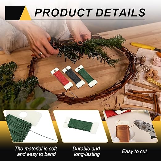 MECCANIXITY 114 Yards/345 Feet 27 Gauge Metal Floral Wire Green Flexible Paddle Thin Floral Wires for Craft, Christmas Wreath, Flower Arrangement, Wedding, Total 3 Roll