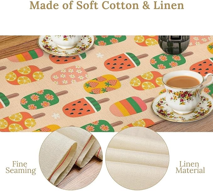 Summer Popsicles Table Runner, Colorful Cute Ice Cream Childish Seasonal Dinner Runner for Party Holiday Home Kitchen Dining Table Decor 13"x60"