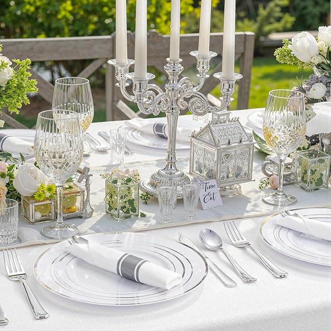 350 Pcs Silver Plastic Plates - Silver Dinnerware Set of 50 Dinner Plates 50 Dessert Plate 50 Silverware 50 Napkins 50 Cups for Christmas Party&Wedding