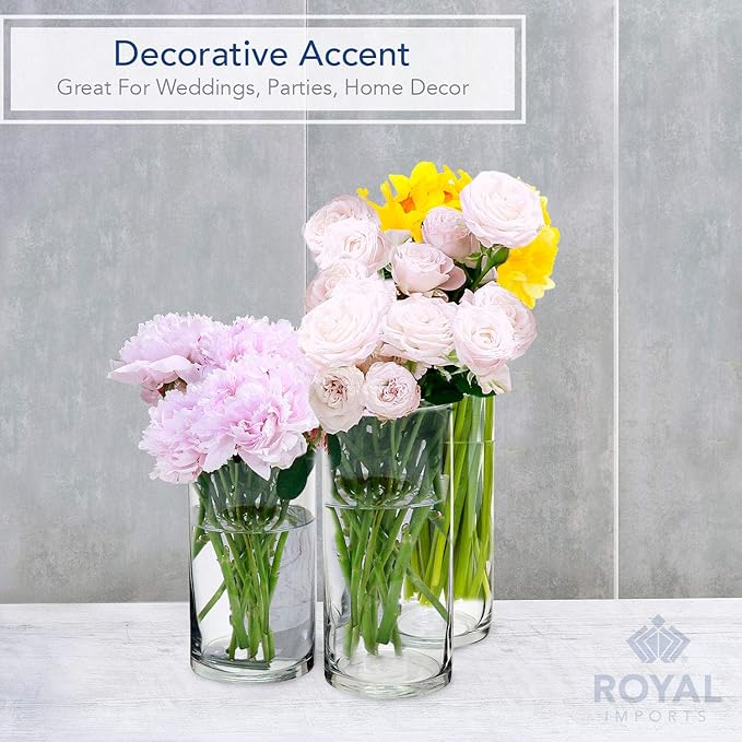 Royal Imports Glass Cylinder Flower Centerpiece Vases Set of 3 - Hurricane Candle Holder Pillar, Floating, Tealights - Use for Floral, Wedding, Home Decor, Holiday Includes 3 Floating Candles