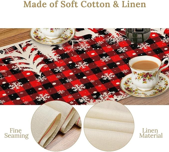 Christmas Table Runner,Red Black Plaid Xmas Snowflakes Deer Trees Print Tablecloth Burlap for Hotel Indoors Outdoor Dining Room Kitchen Home Decor,W13X L60 in