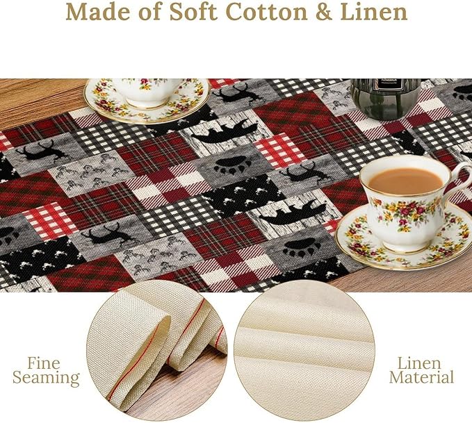Rustic Farm Table Runner,Vintage Woodland Deer Bear Animal Buffalo Plaid Print Tablecloth Burlap for Hotel Indoors Outdoor Dining Room Kitchen Home Decor,W13X L108 in