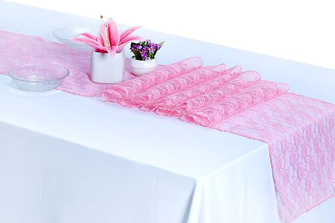MDS Pack of 25 Wedding 12 x 108 inches Lace Table Runner for Wedding, Decorations for Birthday Parties, Banquets, Graduations, Engagements, and Runners fit Rectangle, Round Table- Pink