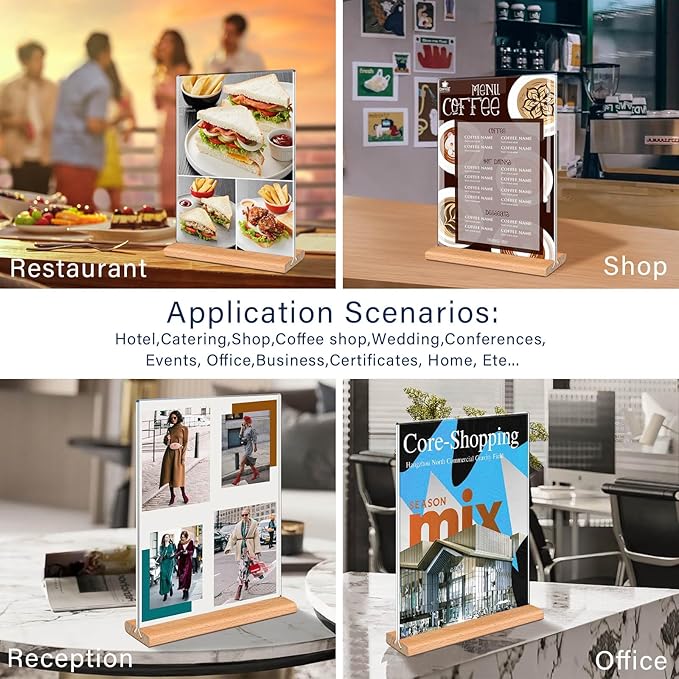 Kersally Acrylic Sign Holder 8.5 x 11, 6 Pack Double-Sided Clear Table Display Stands with Wood Base,Vertical Acrylic Frame Menu Flyer Paper Holder for Stores, Restaurants, Hotels, Office, Show Fair
