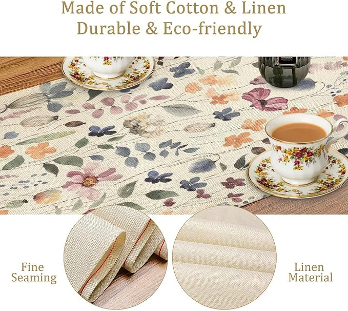 Watercolor Floral Table Runner, Vintage Colorful Floral Natural Style Pattern Decorative Home Restaurant Kitchen Rectangle Table Runner,13in（33cm） W * 36in（92cm） L
