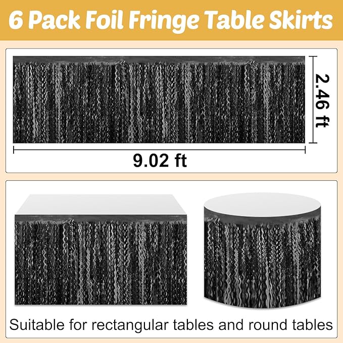 6 Pack 29x108 Inch Black Wave Foil Fringe Table Skirts Metallic Banner for Tinsel Streamer Garland Backdrop for Parade Floats Wedding, Mother's Day, Birthday Mardi Gras Party Decorations