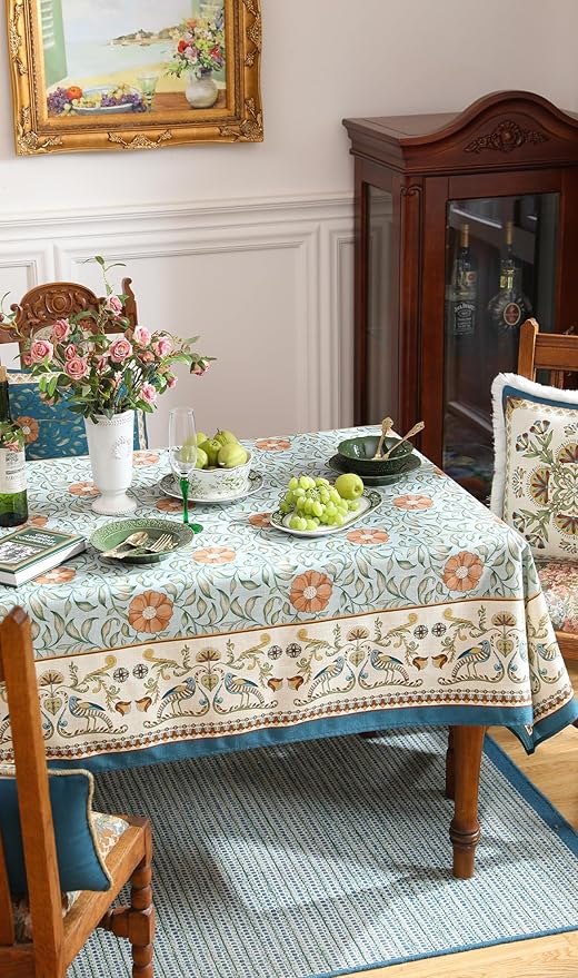 patdrea Designer French Linen Blue Tablecloth for Rectangle Table,Vintage Floral Table Cloth,Colorful Decoration Fall Cover Kitchen Dining for Thanksgiving,Tea Party,Christmas,63"x102"-Wensel